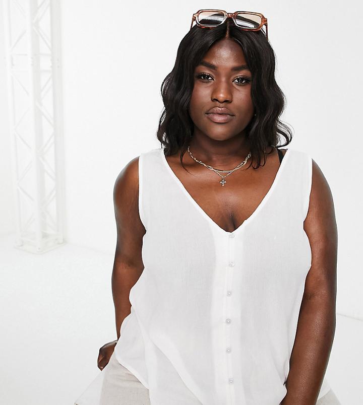 Asos Design Curve V-neck Crinkle Tank Top With Shell Buttons In Ivory-white