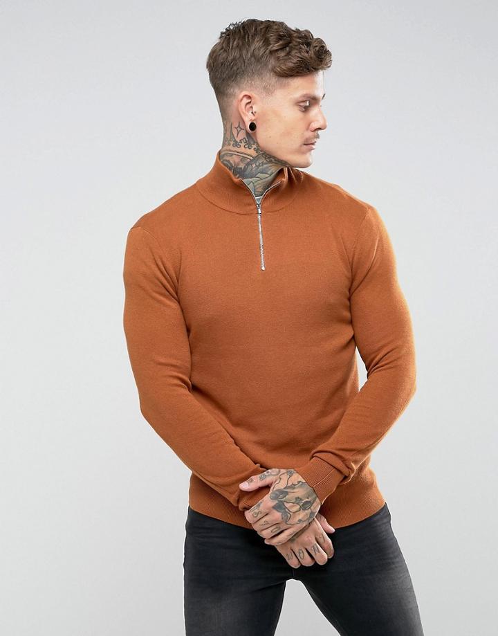 Asos Midweight Half Zip Sweater In Tan - Tan