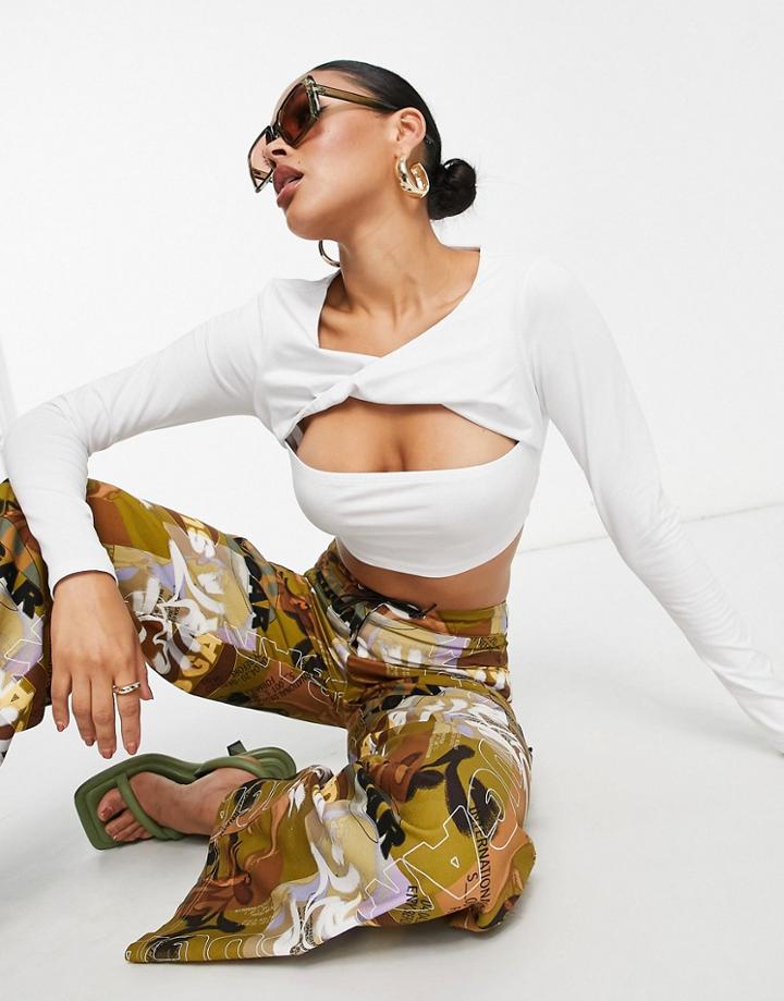 Asos Design Twist Detail Long Sleeve Crop Top In White