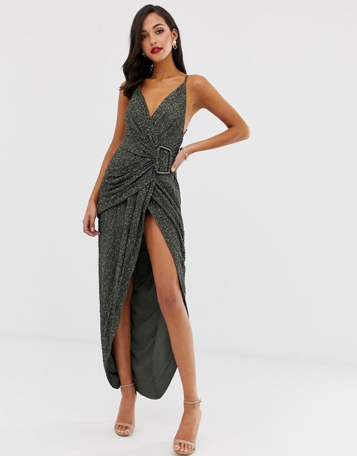 Asos Design Midi Dress With Batwing Sleeve And Wrap Waist In Satin-gold