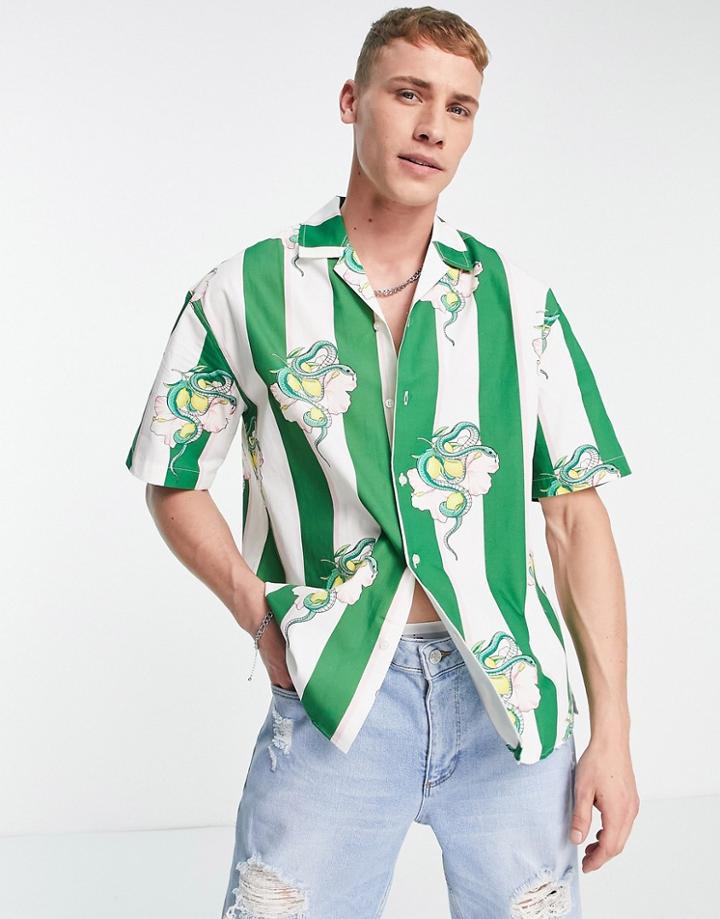 Jack & Jones Premium Camp Collar Shirt In Green Stripe With Snake Print-multi