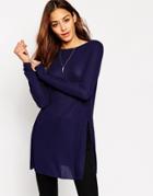 Asos Longline Top With Side Splits And Long Sleeves - Navy