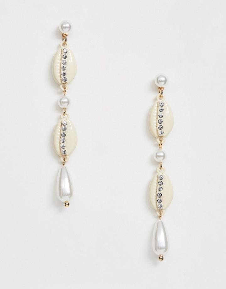 Asos Design Earrings With Pearl And Crystal Studded Faux Shells In Gold Tone - Gold