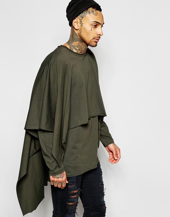 Asos Super Longline Double Layer Poncho In Khaki - Khaki
