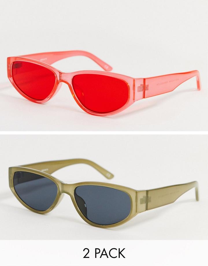 Asos Design 2 Pack Oval Sunglasses In Khaki Crystal With Smoke Lens And Red Crystal Color