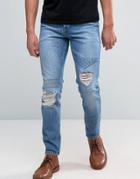 Asos Slim Jeans With Embroidery And Rips In Mid Wash - Blue