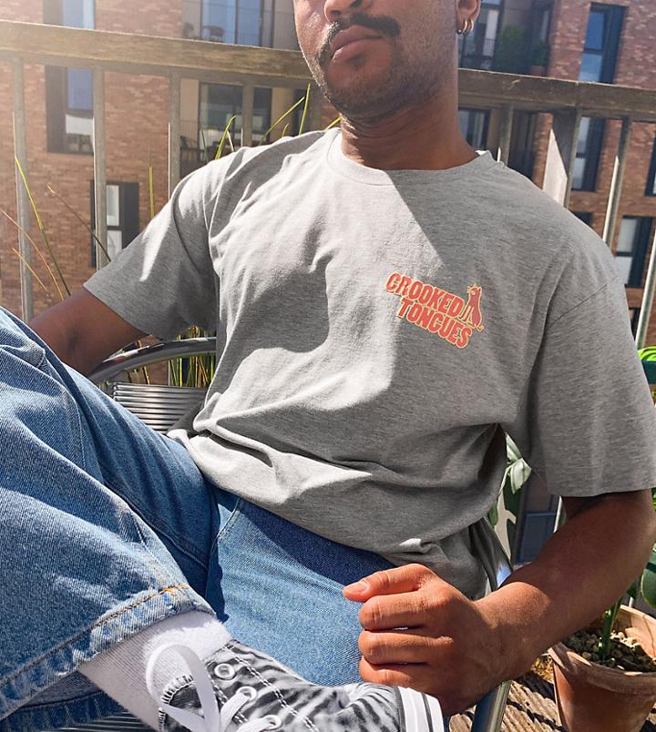 Crooked Tongues T-shirt With Logo Print In Gray Marl-grey