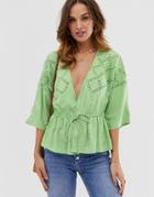 Asos Design Wrap Top With Lace Insert Detail-white