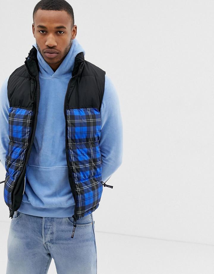 Bershka Vest In Blue Check With Fleece Lined Collar - Blue