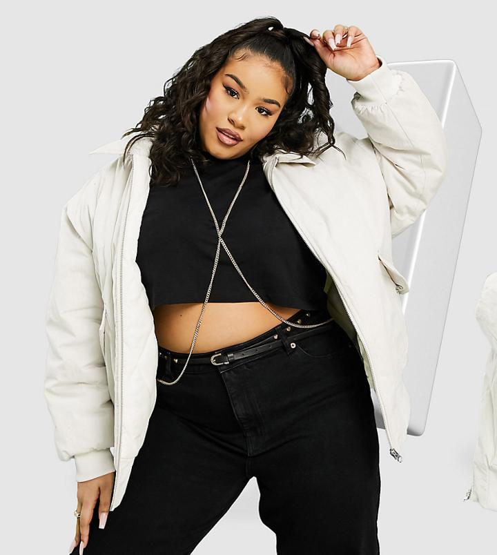 Asos Design Curve Padded Bomber Jacket In Cream-white