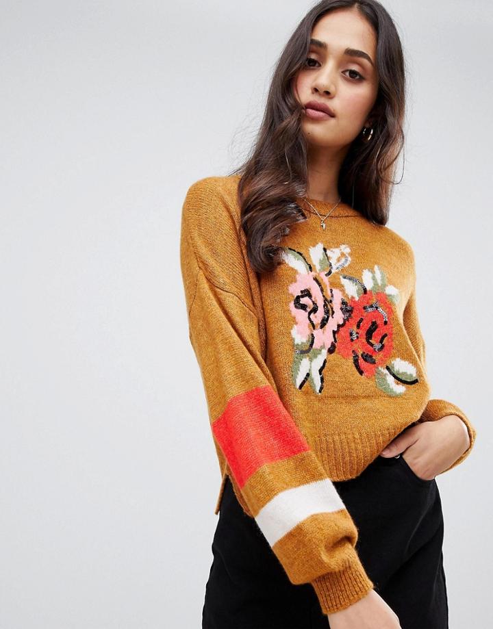 Miss Selfridge Sweater With Floral Motif In Ochre - Brown