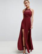 Asos Lace High Neck Double Split Maxi Dress - Red