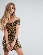 Motel Bodycon Dress With Cold Shoulder Cami Straps In Leopard - Brown