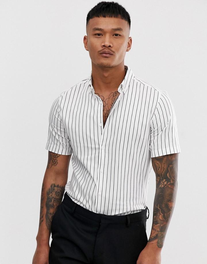 Asos Design Skinny Fit Shirt Short Sleeve Shirt With Stripe - White