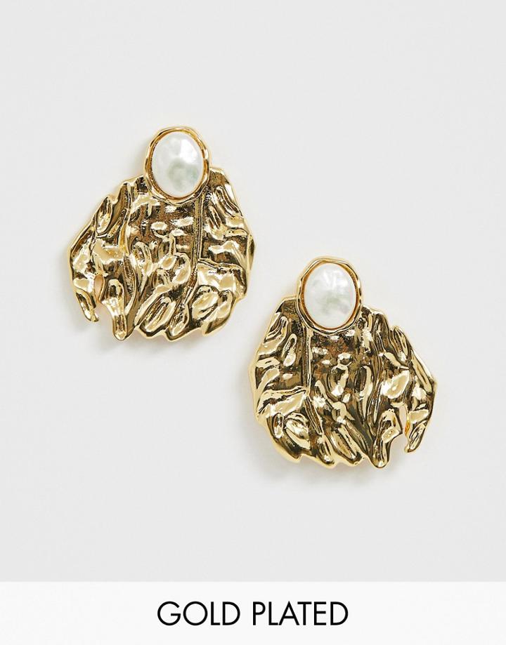 Asos Edition Gold Plated Stud Earrings Faux Fresh Water Pearls With Hammered Detail - Gold