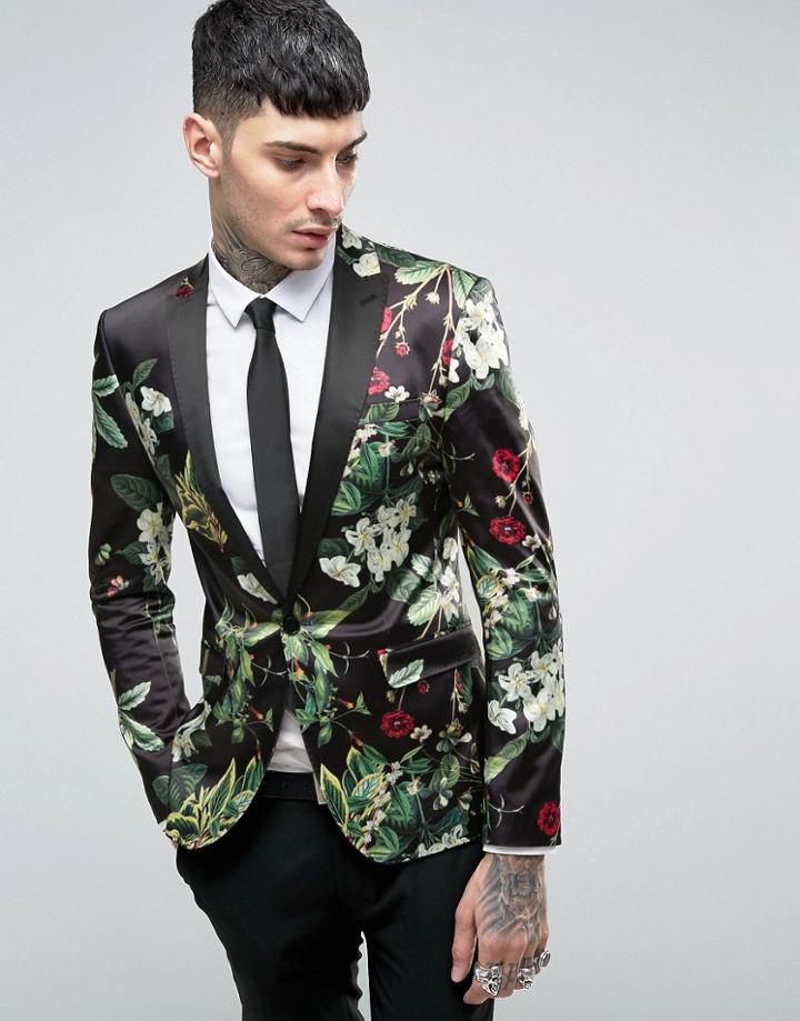 Asos Super Skinny Blazer With Floral Design - Black