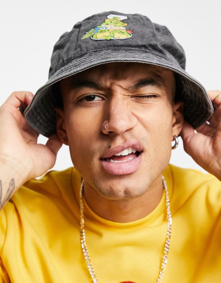 Asos Design Bucket Hat With Mutant Ninja Turtles Print In Washed Black