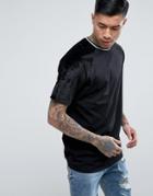 Asos Longline T-shirt With Velour Raglan Sleeves And Monochrome Tipping In Black - Black