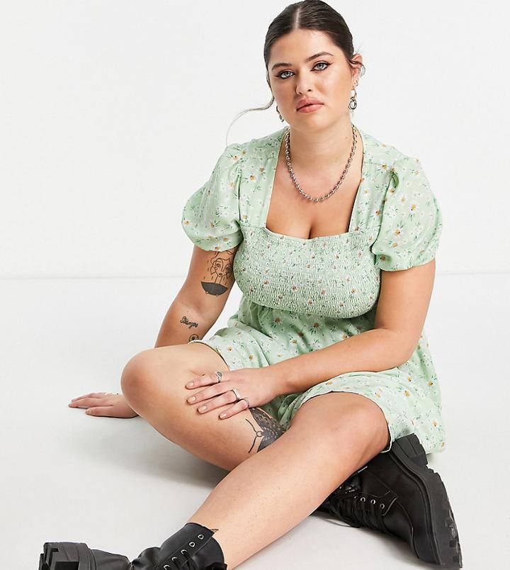 Urban Threads Plus Daisy Print Summer Dress With Shirring-green