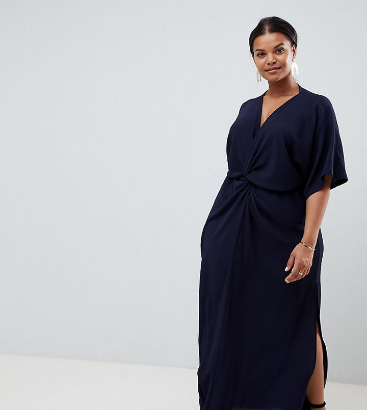 John Zack Plus Knot Front Maxi Dress In Navy - Navy