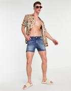 Asos Design Skinny Denim Shorts In Mid Wash Blue In Shorter Length-blues
