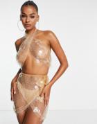 Asos Design Premium Cross Neck Sequin Disc Beach Top - Part Of A Set-clear