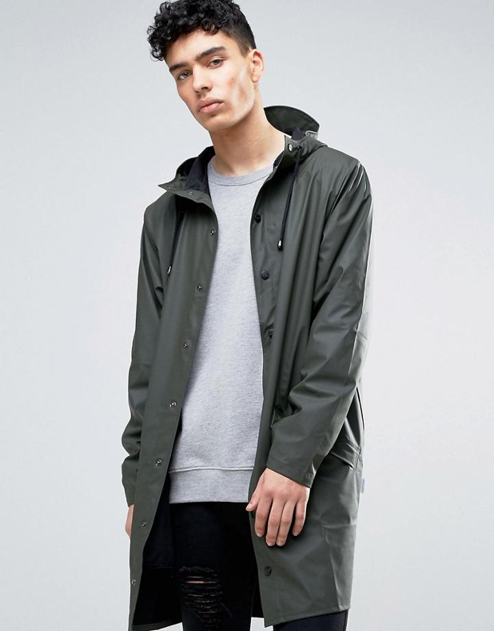 Rains Long Hooded Jacket Waterproof In Green - Green