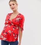 Influence Maternity Wrap Front Top With Tie Sleeves In Floral Print-red