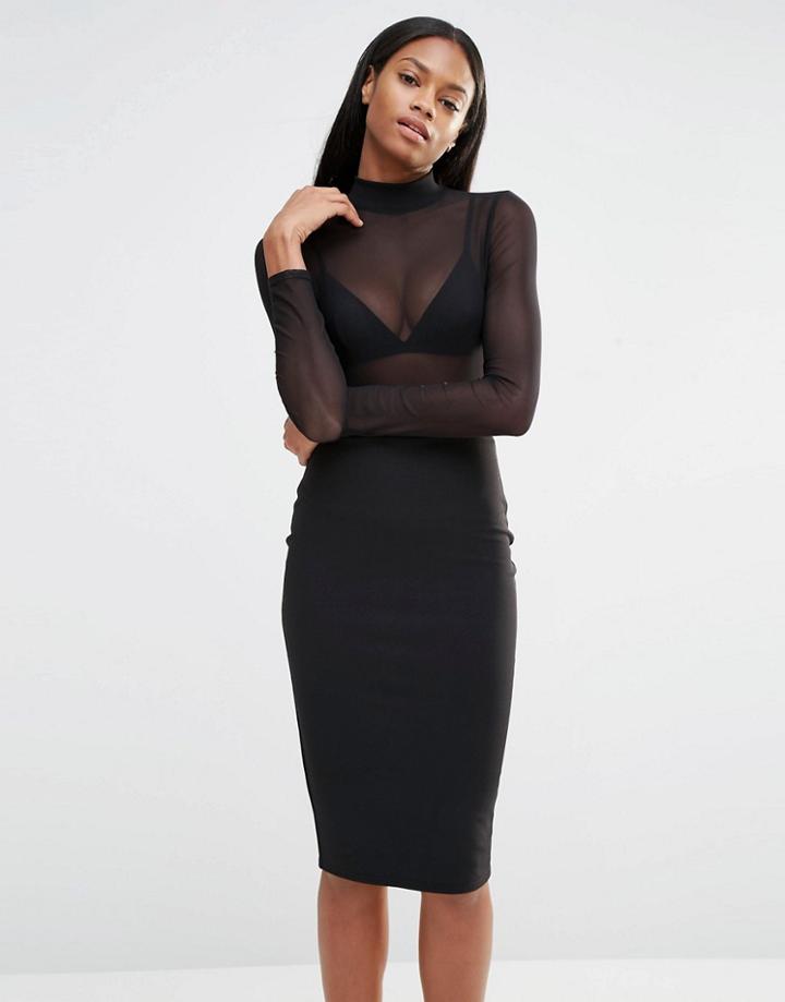 Missguided Mesh Top Pencil Dress - Black