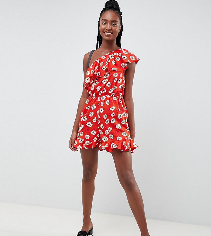 Influence Tall One Shoulder Floral Romper - Red