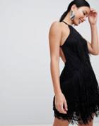 Asos Design Lace Fringe Halter Backless Skater Mini Dress-black