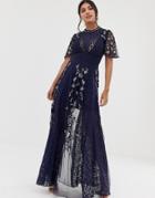 Amelia Rose Embroidered Lace Front Maxi Dress With Panel Inserts In Navy - Navy