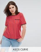 Asos Curve T-shirt In Retro Stripe With Contrast Trim And Pocket - Multi