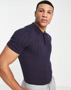 Jack & Jones Premium Knitted Ribbed Polo In Navy