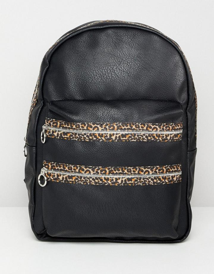 Stradivarius Leopard Zip Tape Backpack - Black