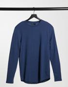 Asos Design Long Sleeve T-shirt In Navy Nepp Fabric-blue