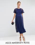 Asos Maternity Petite Midi Lace Dress With Flutter Sleeve - Blue