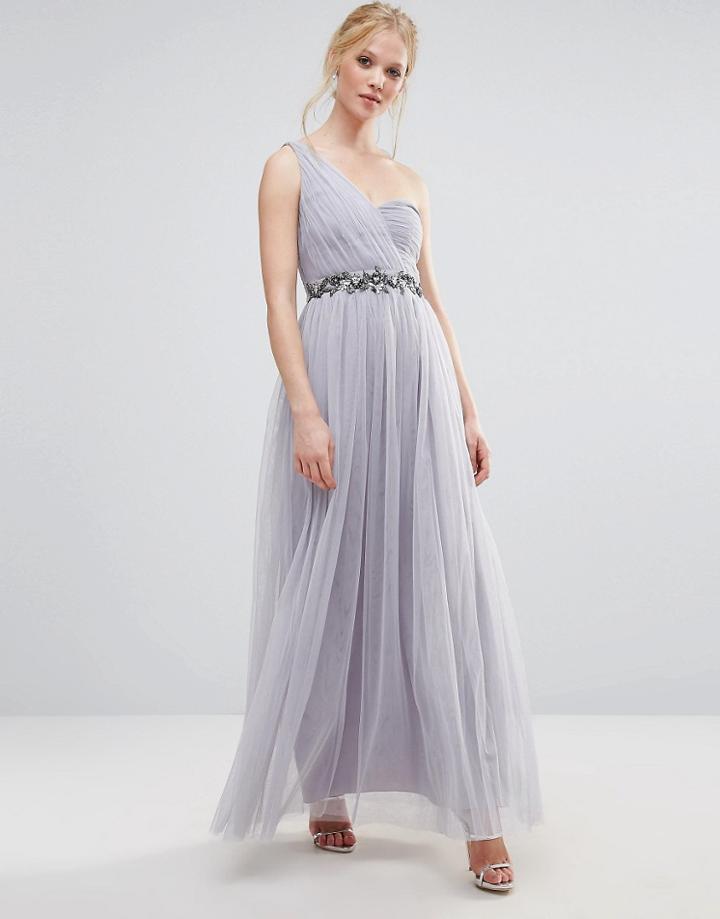 Little Mistress One Shoulder Embellished Maxi Dress - Gray