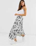 Asos Design Satin Pleated Midi Skirt In Mono Print-multi