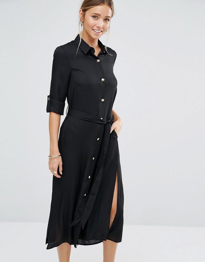 Closet Long Line Belted Slit Shirt Dress - Black