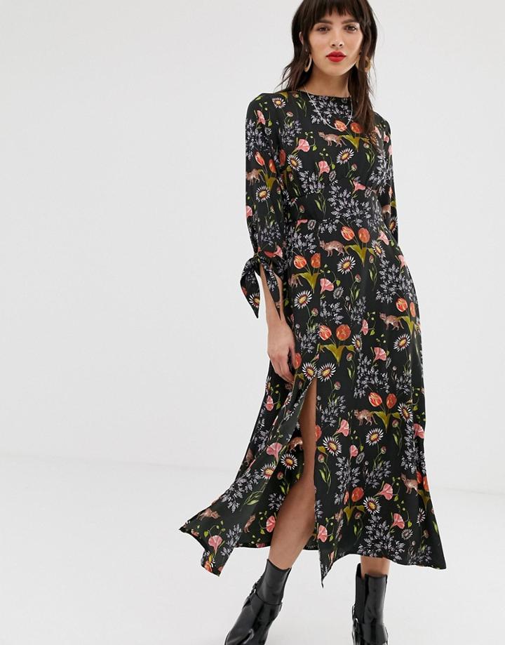 Neon Rose Midaxi Tea Dress With Tie Cuffs And Side Split In Botanical Print - Black