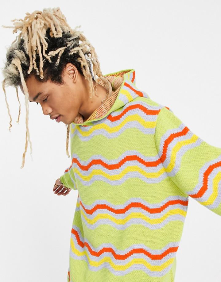 Asos Design Knitted Wavy Stripe Hoodie In Green