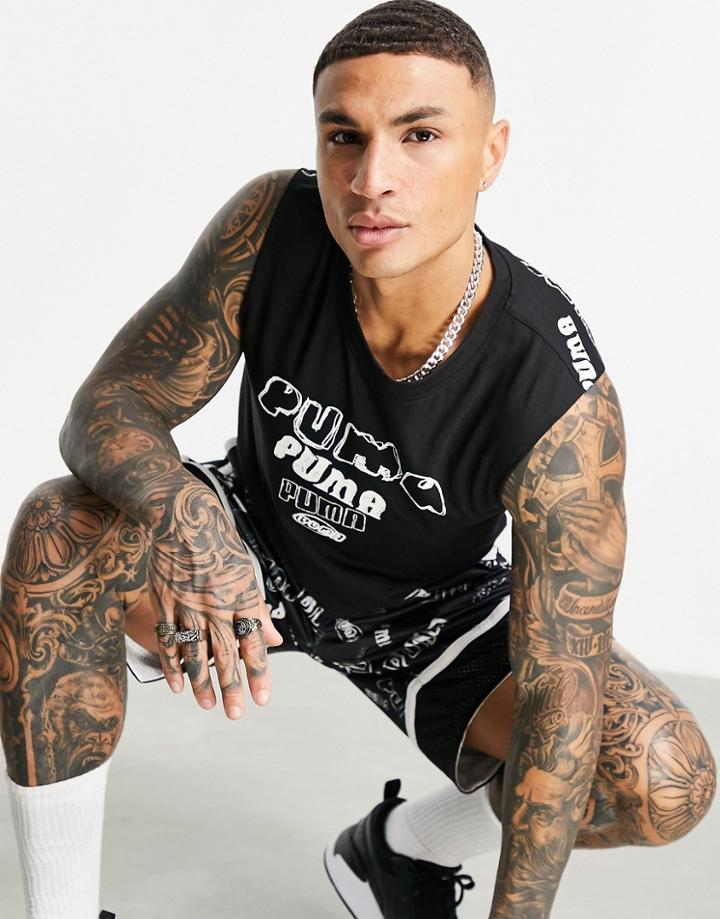 Puma Hoops Repeat Logo Tank Top In Black
