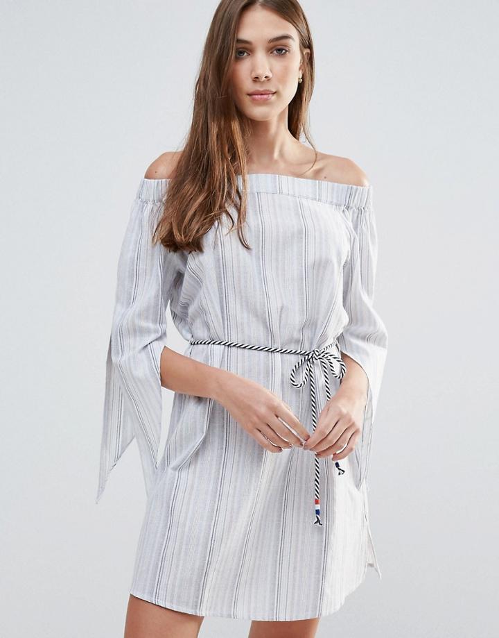 Liquorish Off The Shoulder Striped Dress - Blue