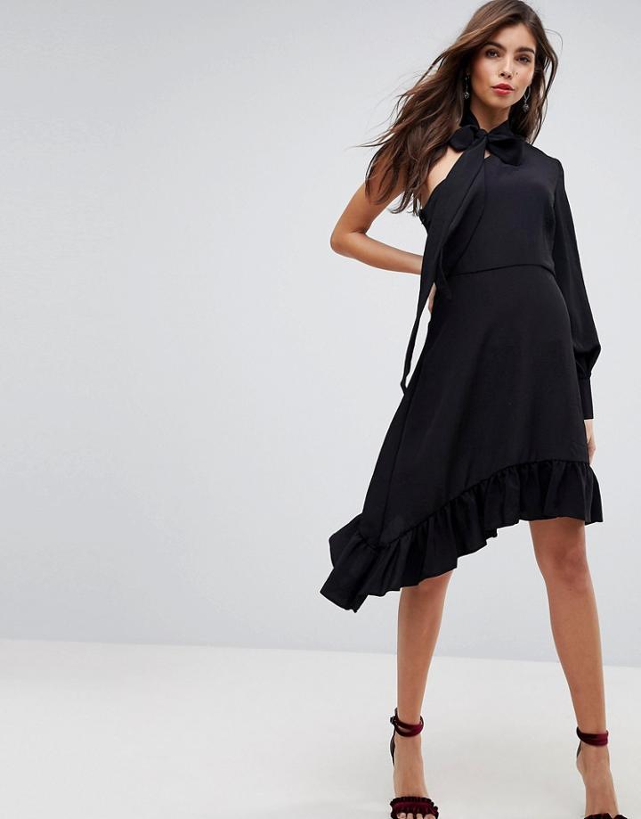 Asos One Sleeve Scarf Neck Tie Midi Dress-black