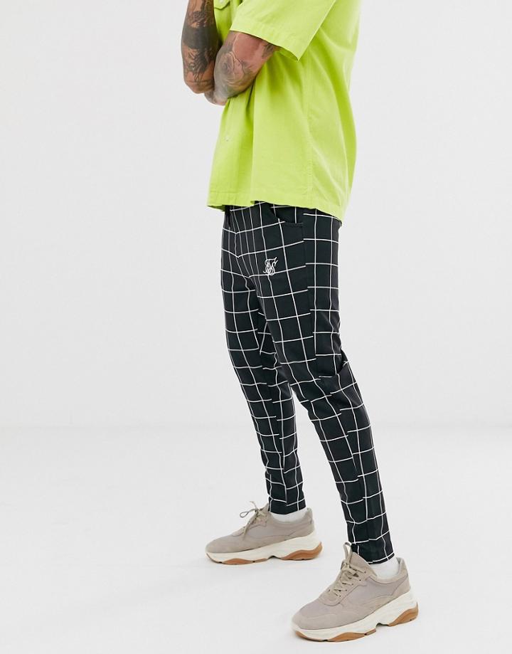 Siksilk Slim Cropped Pants In Black Windowpane Check - Black