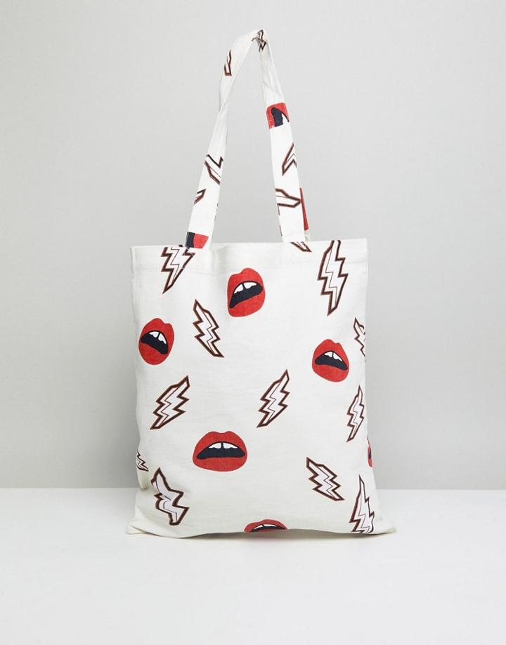 Pieces Canvas Printed Shopper - White