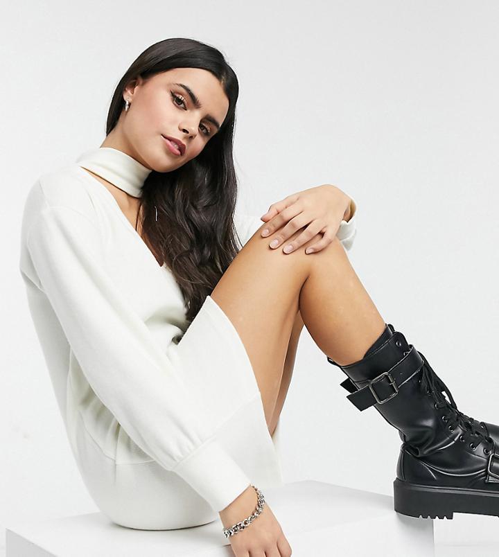Asos Design Petite Super Soft Mini Dress With Cut Out Front With Long Sleeves In Winter White