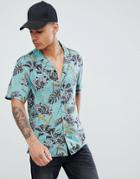 Pull & Bear Floral Shirt With Revere Collar In Green - Green