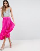Asos Satin Pleated Midi Skirt With Splice - Pink
